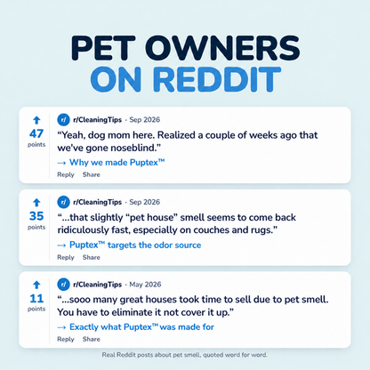 Reddit-style graphic highlighting pet owners discussing lingering dog smells, nose blindness and stubborn odors in couches and rugs.
A digital infographic titled 'PET OWNERS ON REDDIT' with three Reddit comment threads shown on white cards against a pale blue background. The text references Puptex in relation to pet odor removal.