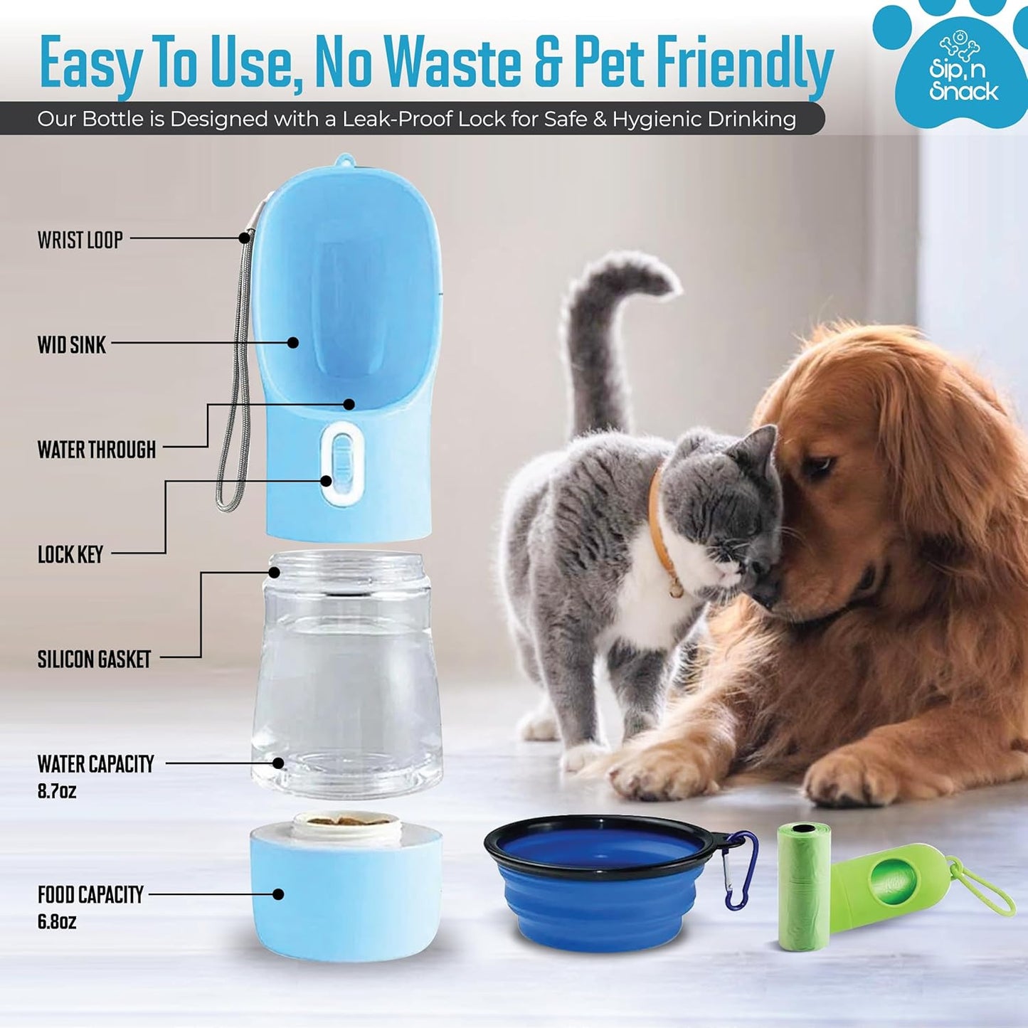 Portable Pets Water and Food Bottles Travel Bowls