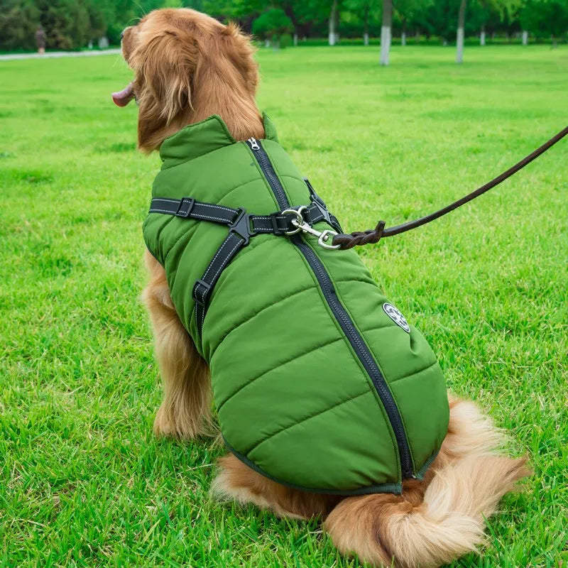 Pet Jacket, Dog Coat Harness Winter Warm Vest Jacket Waterproof Cotton golden retriever |  | Dog raincoat | Dog rain coat | Warm dog jacket | Winter pet protection | Fleece-lined dog jacket | Adjustable dog harness | Dog outdoor gear | Windproof dog coat | Dog safety jacket | High collar dog vest | Dog walking jacket | Thermal dog coat |Snowproof dog coat |Cozy dog apparel |Dog winter wardrobe green